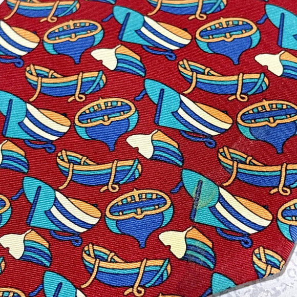 Vintage Christian Dior Monsieur Silk Neck Tie Red Blue Rowboats Luxury Designer - Picture 3 of 7